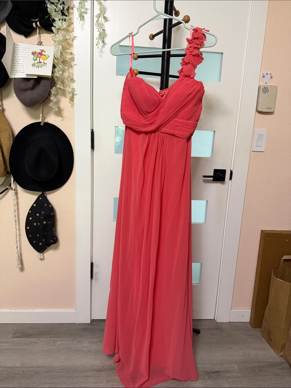 Ever Pretty Coral One-Shoulder Chiffon Gown with Floral Strap Detail